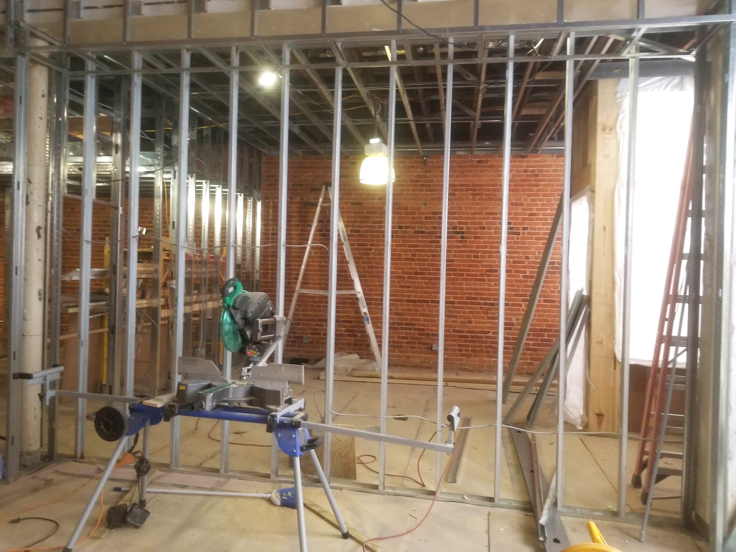 Metal wall framing installed inside the historic building